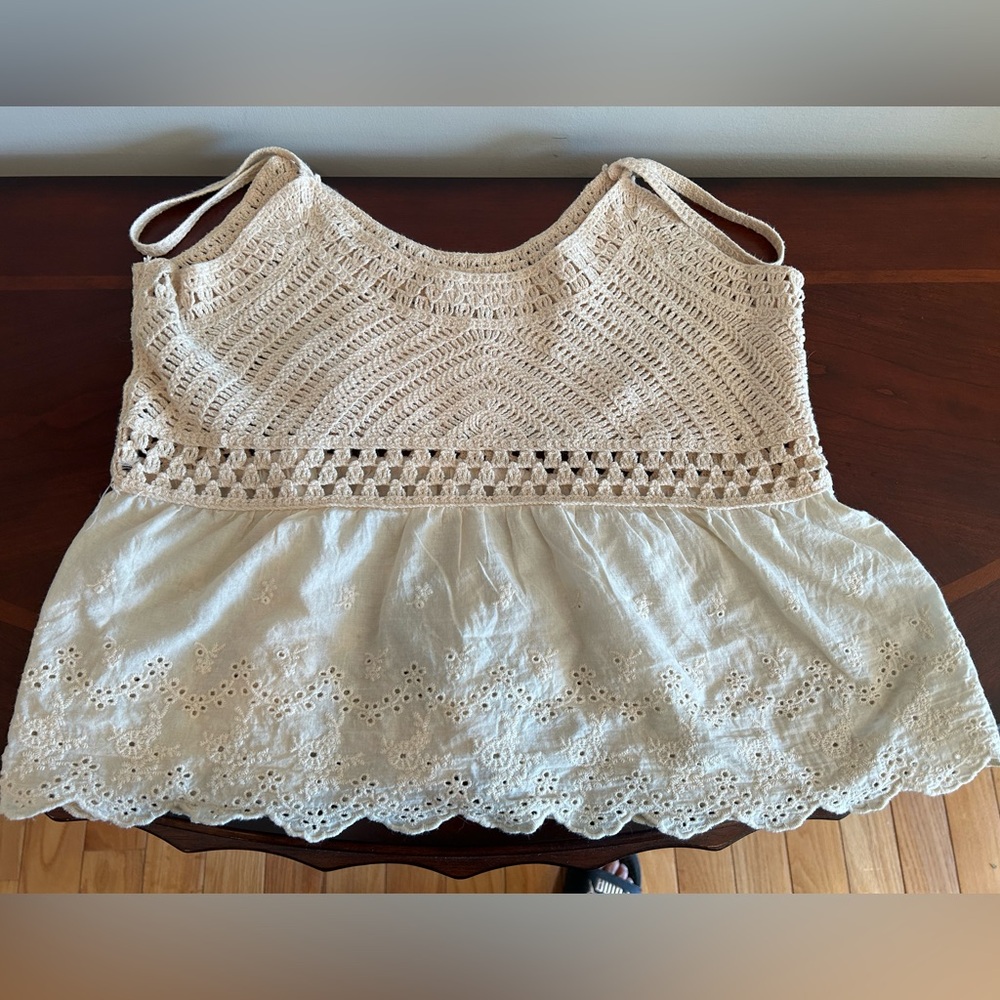 Roommates Beige and Cream Crochet Top with embroidered details